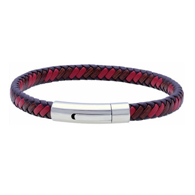 Stainless Steel Bracelet with Brown & Red Leather